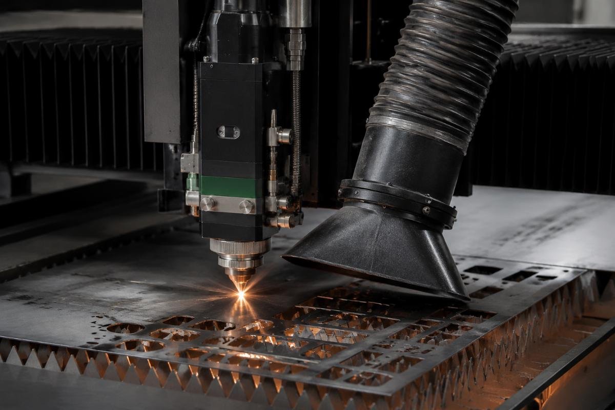 Local extraction port installed next to CNC cutting head for fume removal