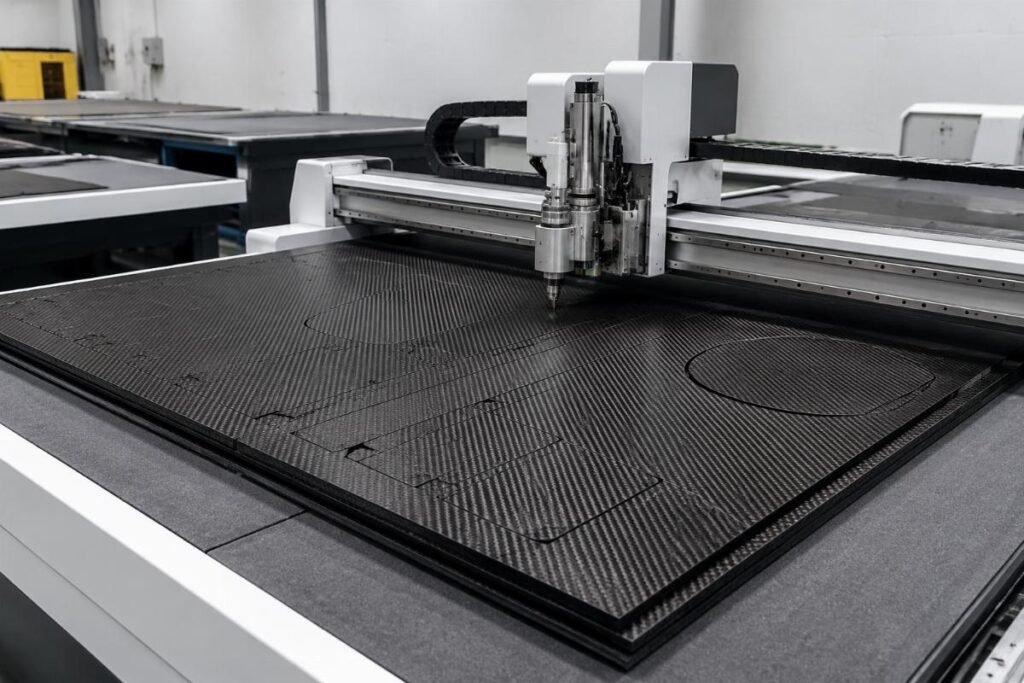 A small 150sqm composite cutting workshop with a cold knife CNC cutter running 3 layers of carbon fiber sheet