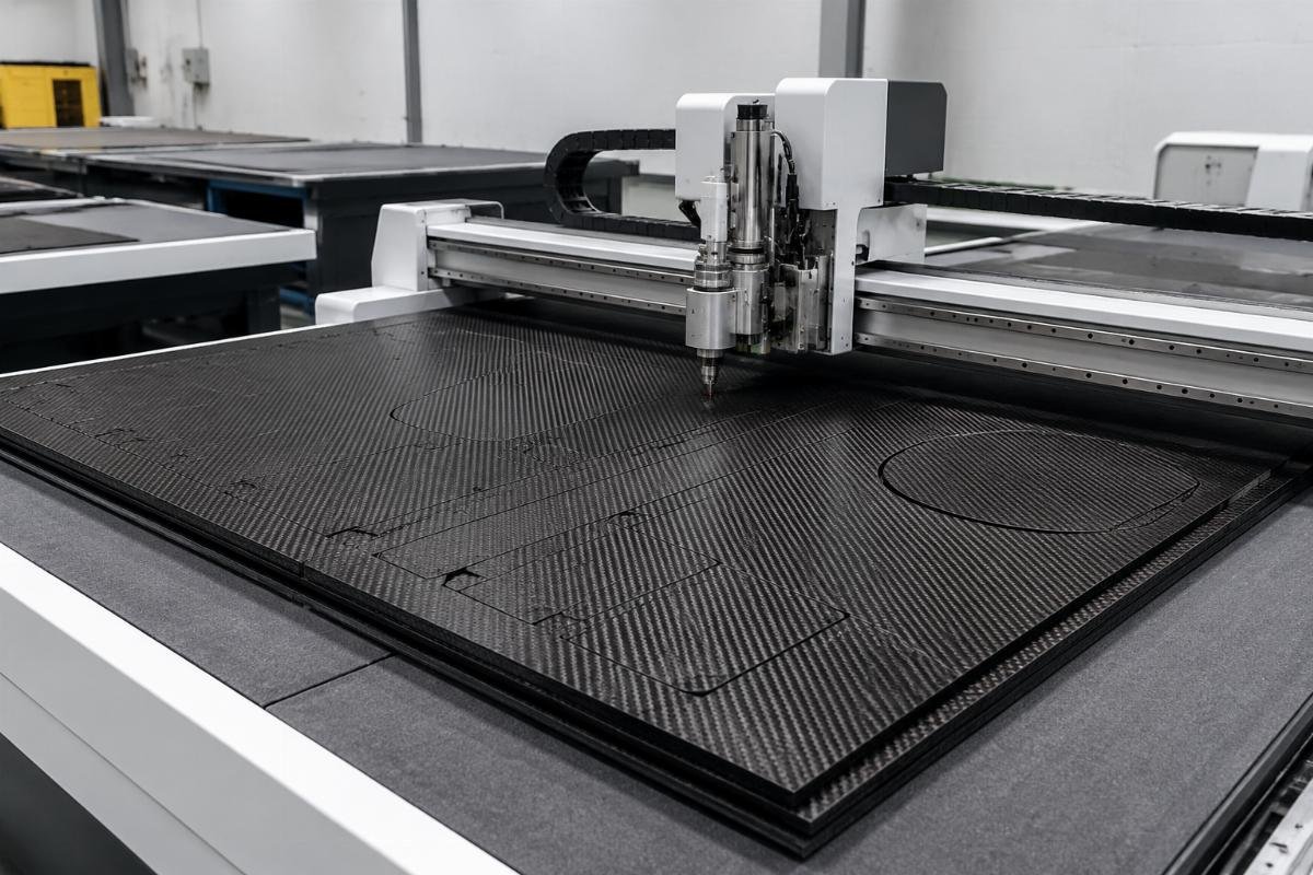 CNC cutting workshop for composite materials setup A small 150sqm composite cutting workshop with a cold knife CNC cutter running 3 layers of carbon fiber sheet