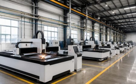 Standard CNC cutting workshop layout with marked single-station zones and supporting system pipelines