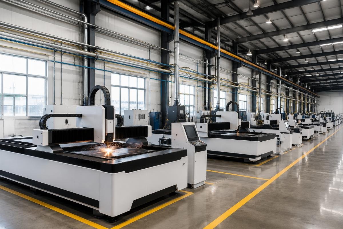 Standard CNC cutting workshop layout with marked single-station zones and supporting system pipelines
