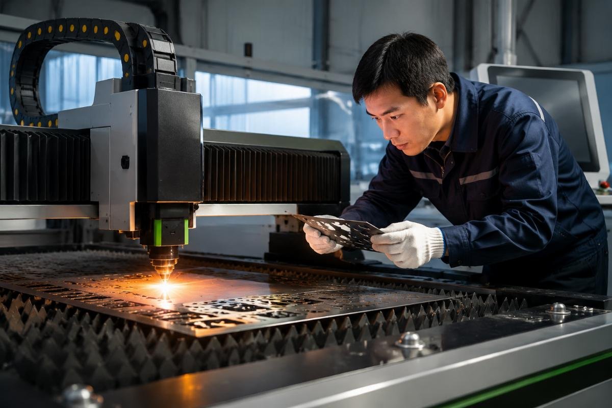 Factory operator checking CNC cutting machine output quality post-installation
