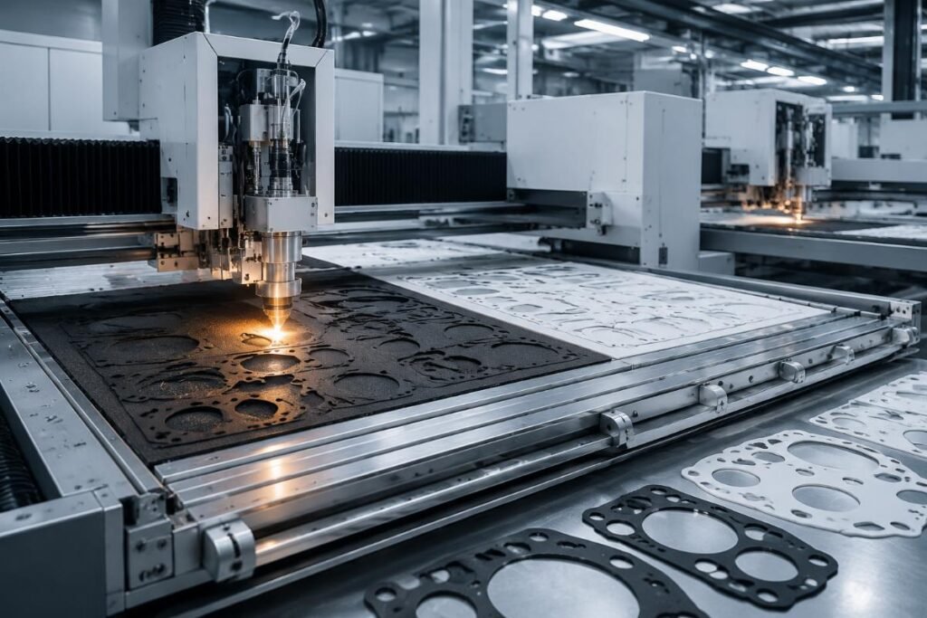 A fully assembled CNC gasket cutting production line running rubber and PTFE material processing in a factory workshop