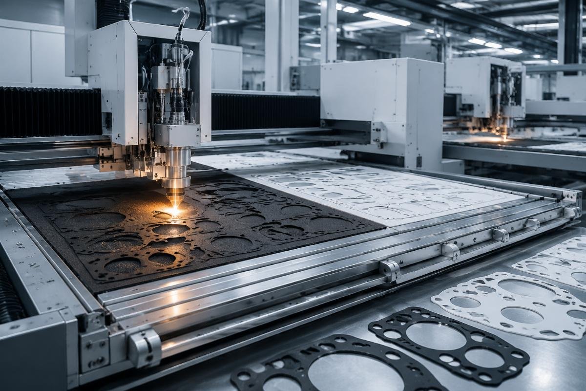 A fully assembled CNC gasket cutting production line running rubber and PTFE material processing in a factory workshop