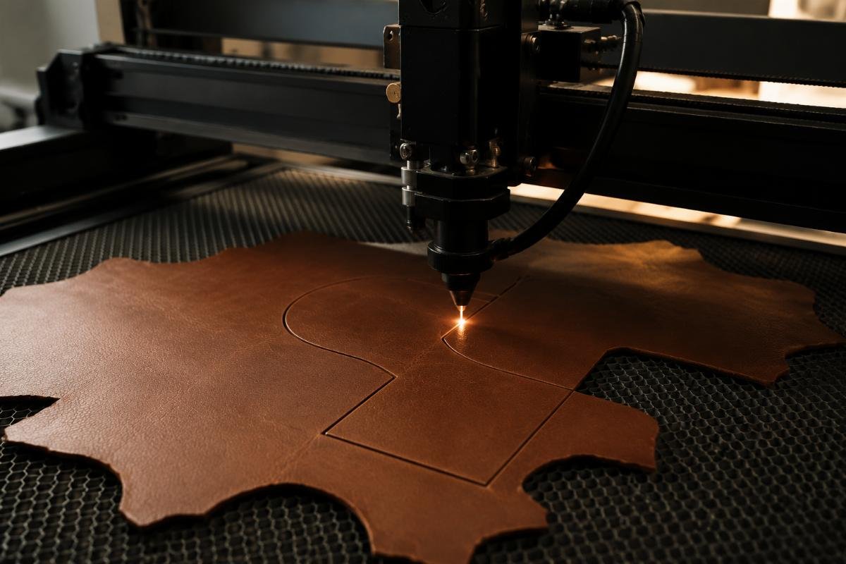 CNC leather cutting machine in operation for new business A CNC machine cutting genuine leather with clean, even edges in a small startup workshop