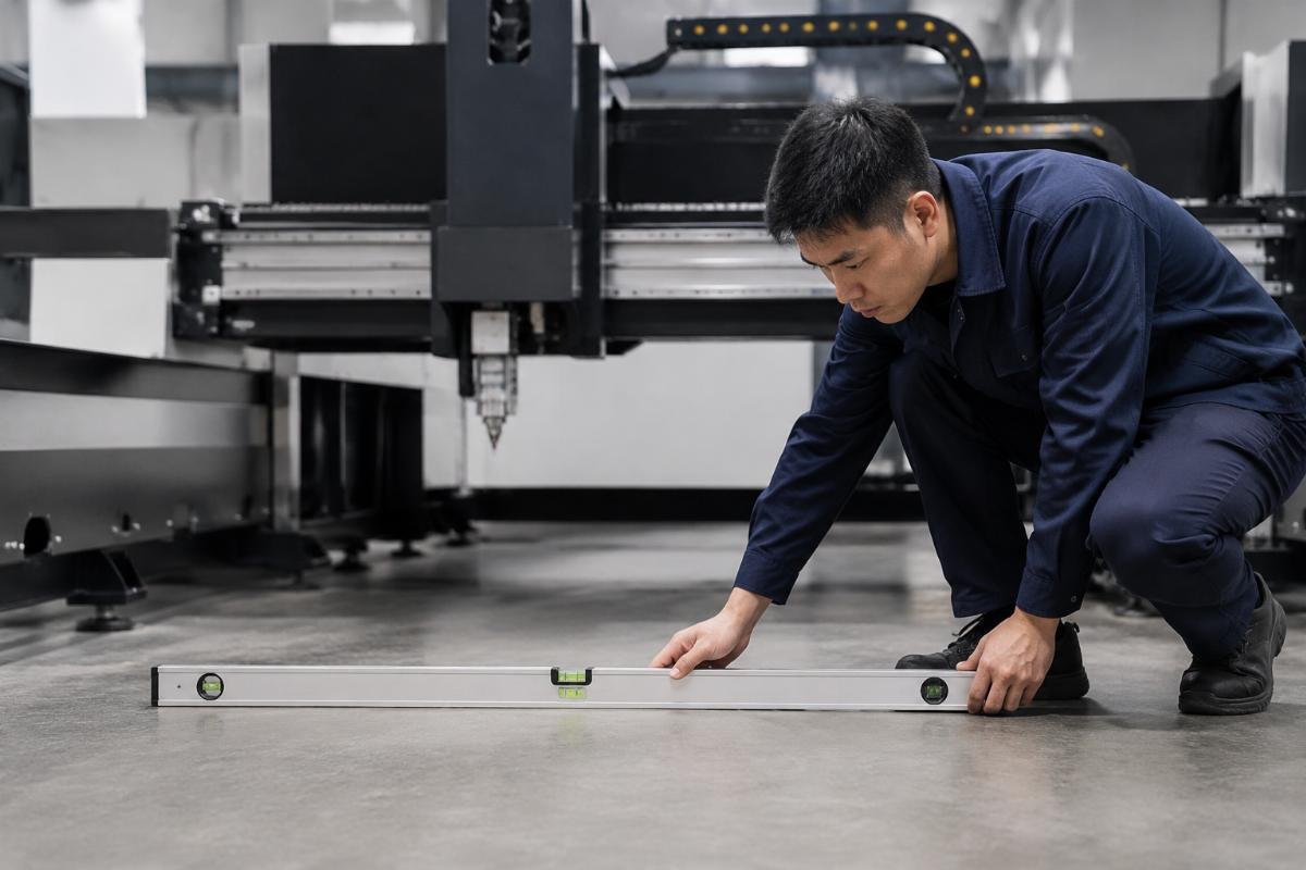 Technician using a precision level tool to test workshop floor flatness for CNC machine installation