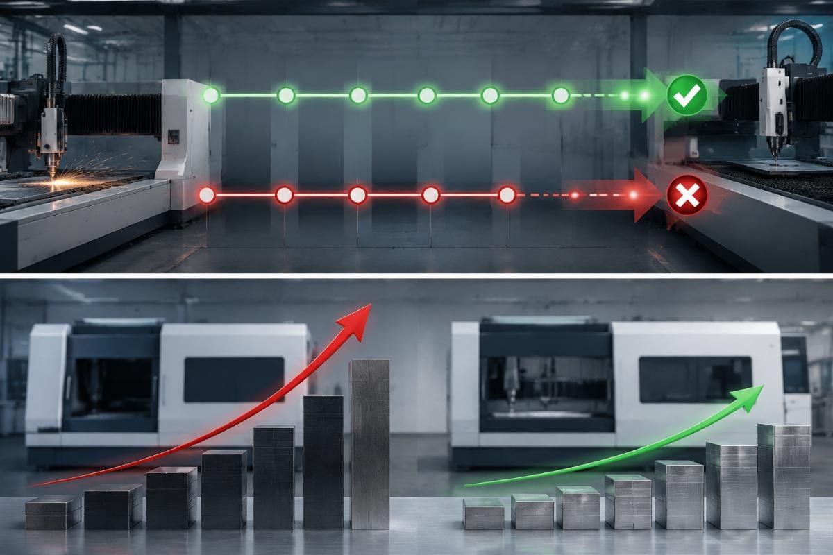 Timeline comparison chart showing pre-aligned vs unprepared CNC machine launch timelines