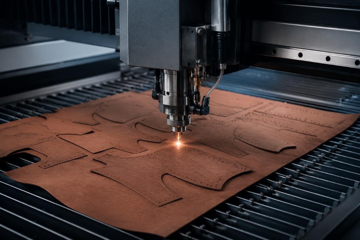 CNC cutting machine producing leather parts with consistent, clean edges