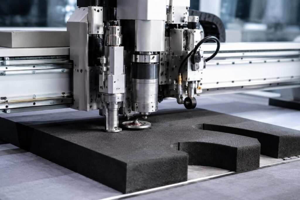 CNC oscillating knife machine cutting automotive foam material with clean edges