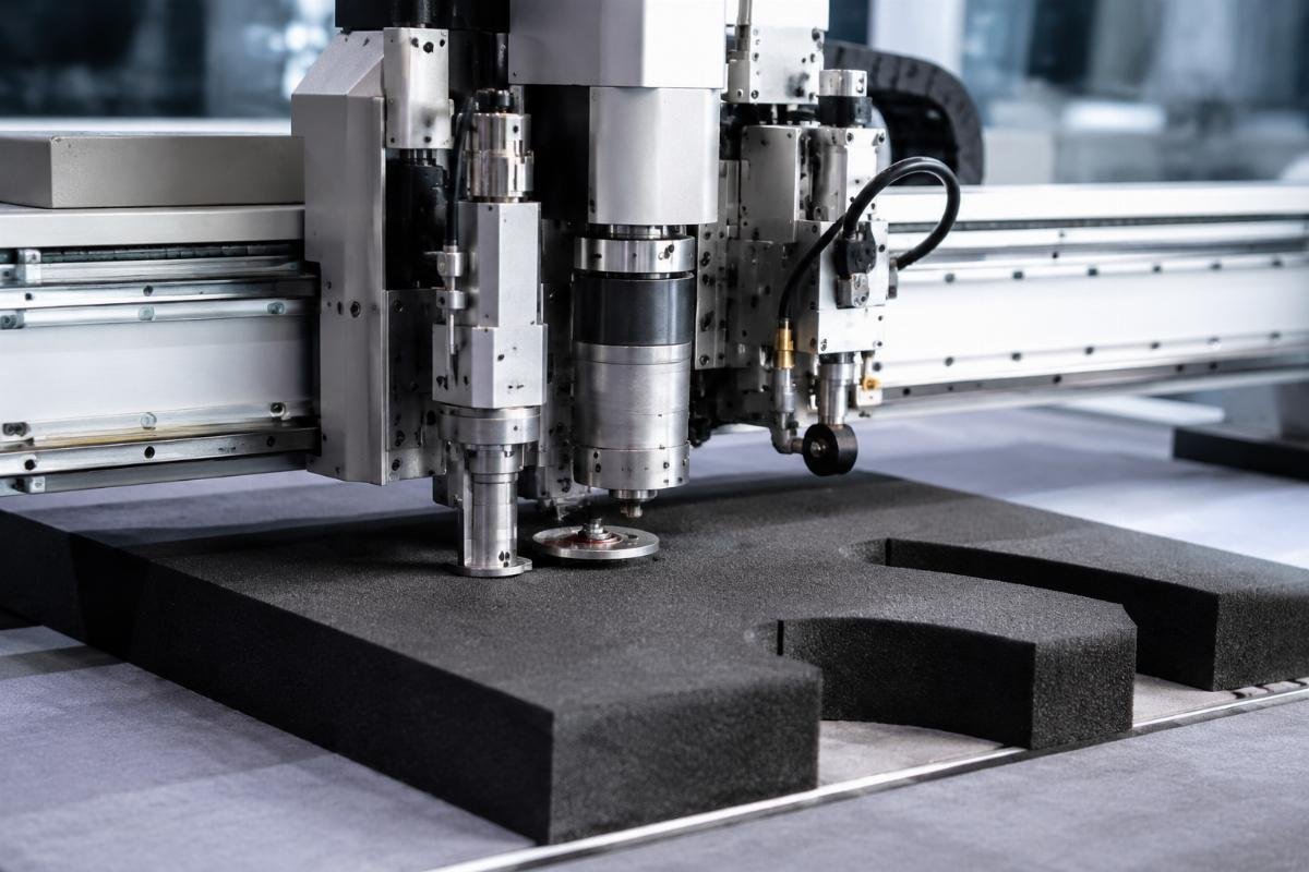 CNC oscillating knife machine cutting automotive foam material with clean edges