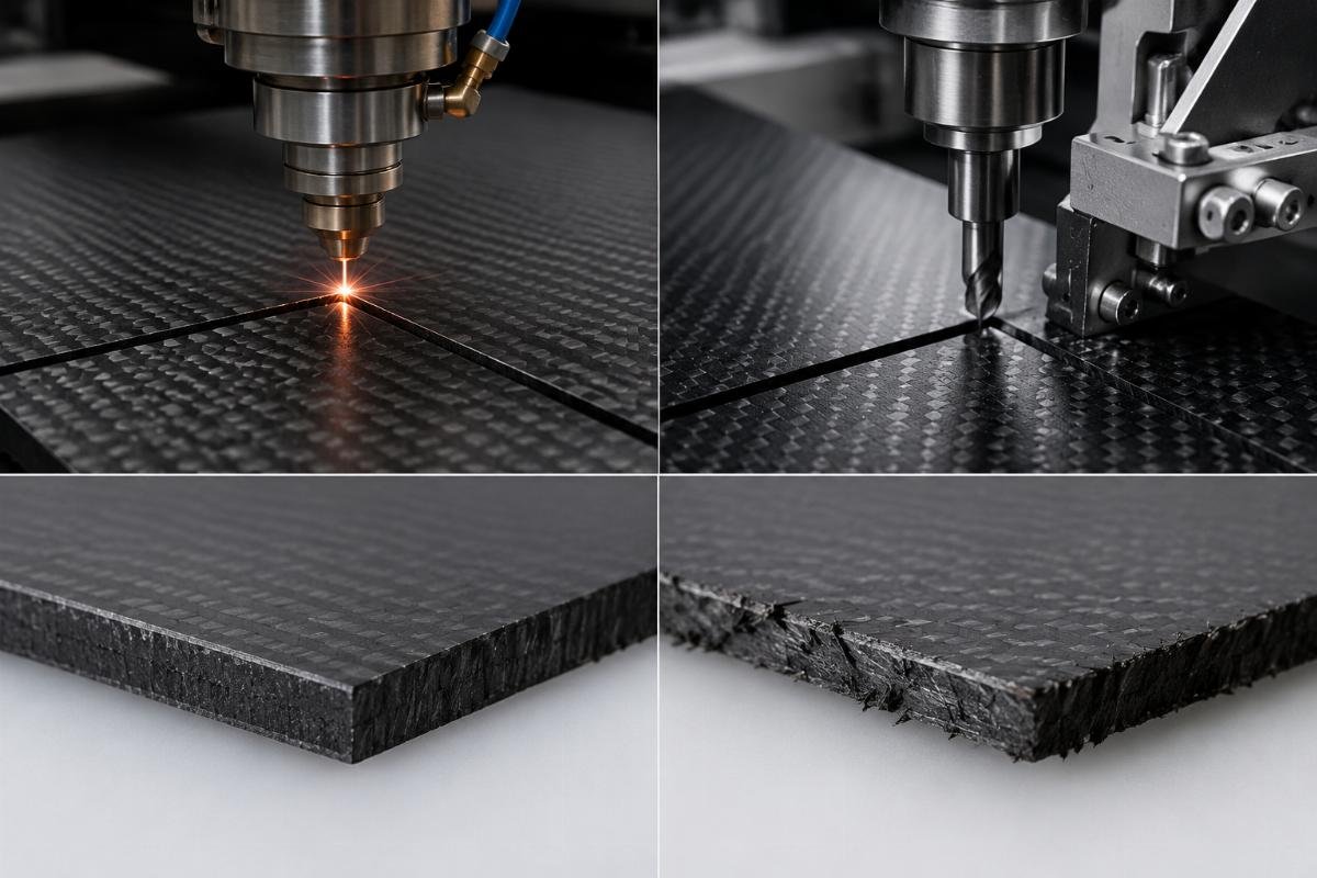 cold cutting for composite materials comparison A side-by-side comparison of composite edges cut by laser vs cold knife, showing no charring on the cold knife sample