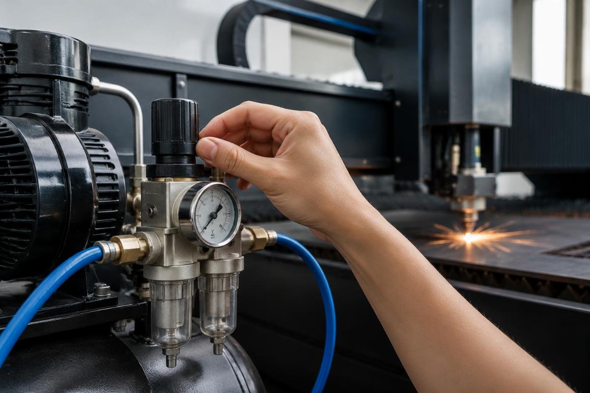 A technician adjusting a compressor pressure gauge to the recommended 0.7MPa range