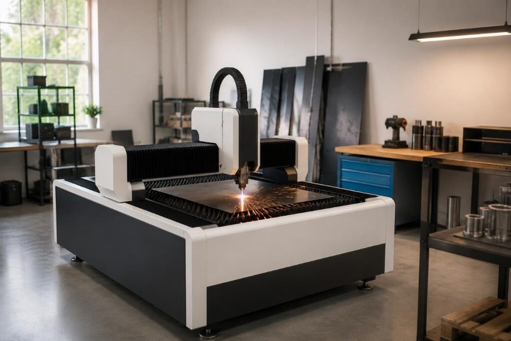 A clean, compact CNC cutting workstation in a small startup workshop