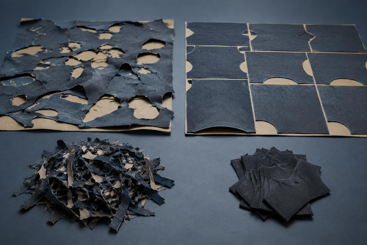 Side by side comparison of fabric waste from manual cutting and CNC cutting on the same batch of material