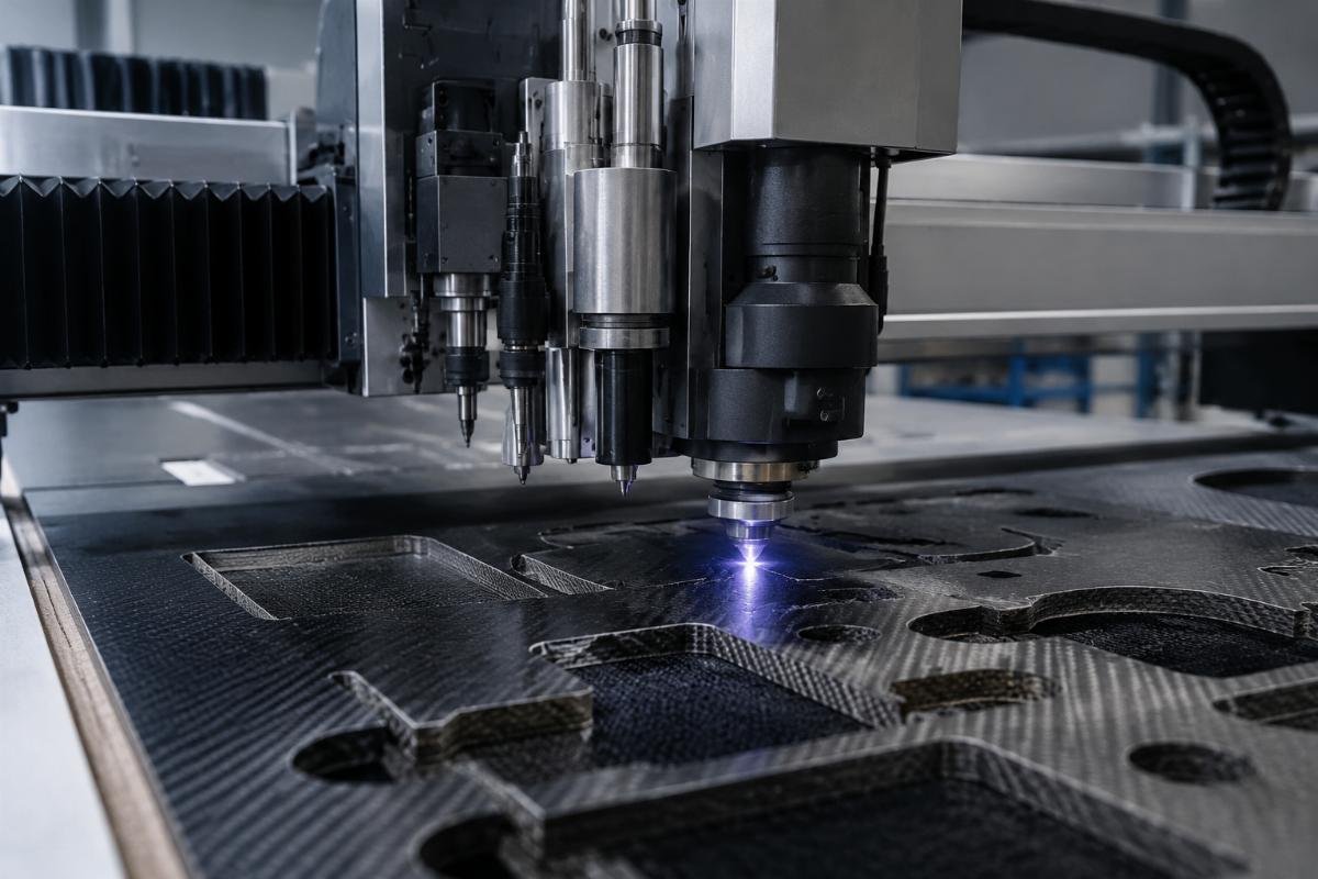 composite CNC cutting machine core parameters A CNC composite cutting machine running multi-layer composite sheet with automatic tool change active