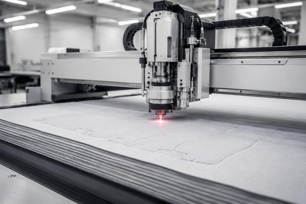 CNC cutting machine operating on multi-layer fabric in a garment factory