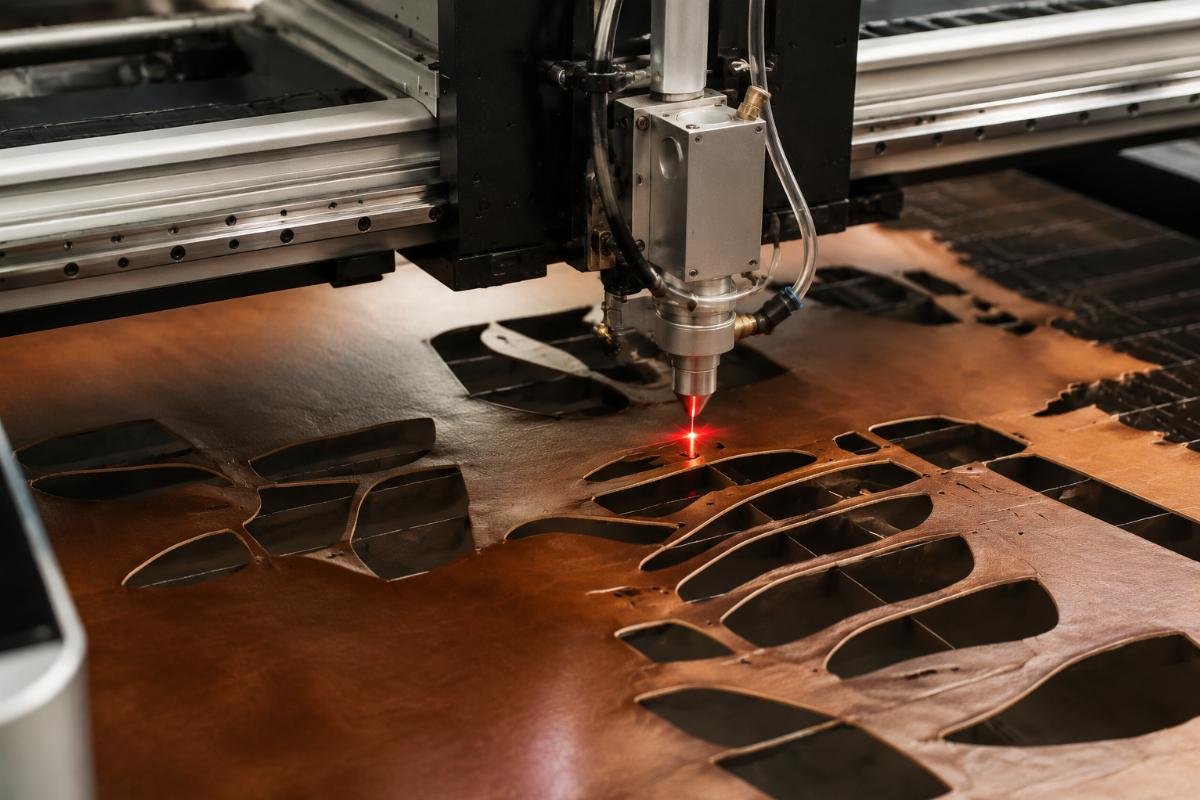 A precision CNC cutting machine running a custom cut pattern on genuine leather hide with minimal scrap material