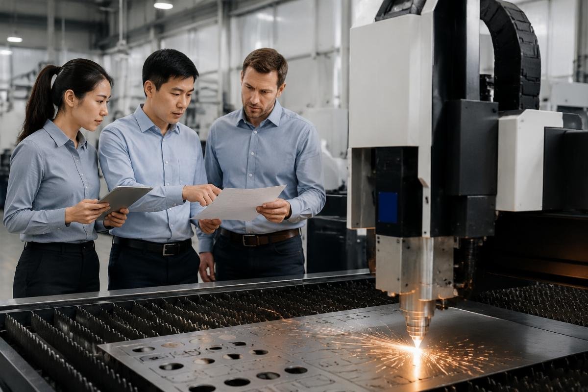 A supplier support team reviewing a factory’s utility setup details with a global buyer