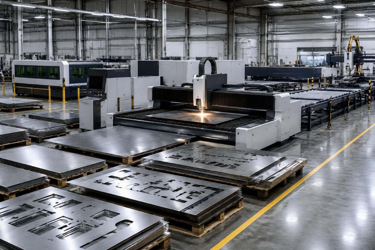 Industry-specific CNC cutting machine workshop layout showing dedicated infeed and staging zones