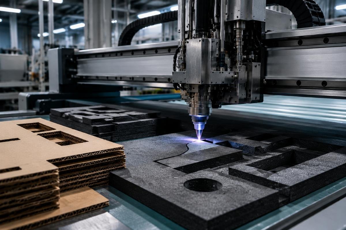 Workflow of CNC packaging cutting machine processing custom corrugated and foam packaging materials
