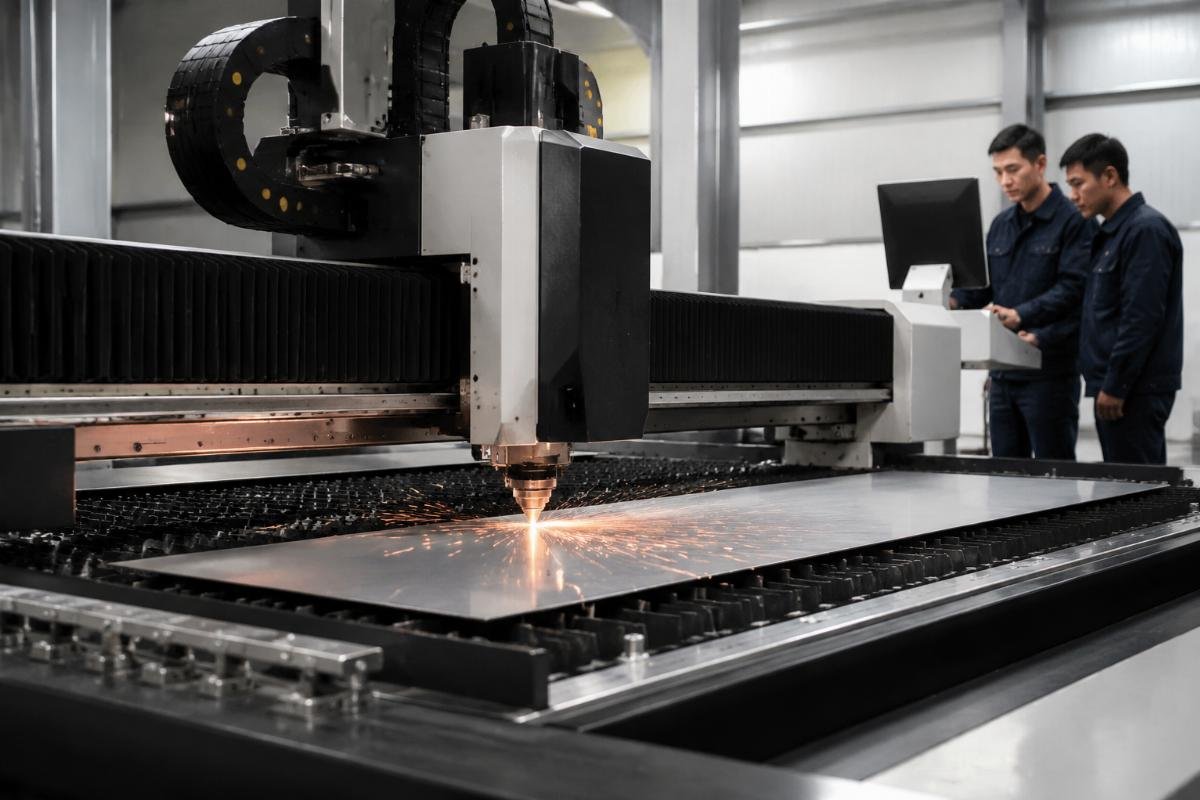 Installation team testing a newly arrived CNC cutting machine in a fully prepped workshop