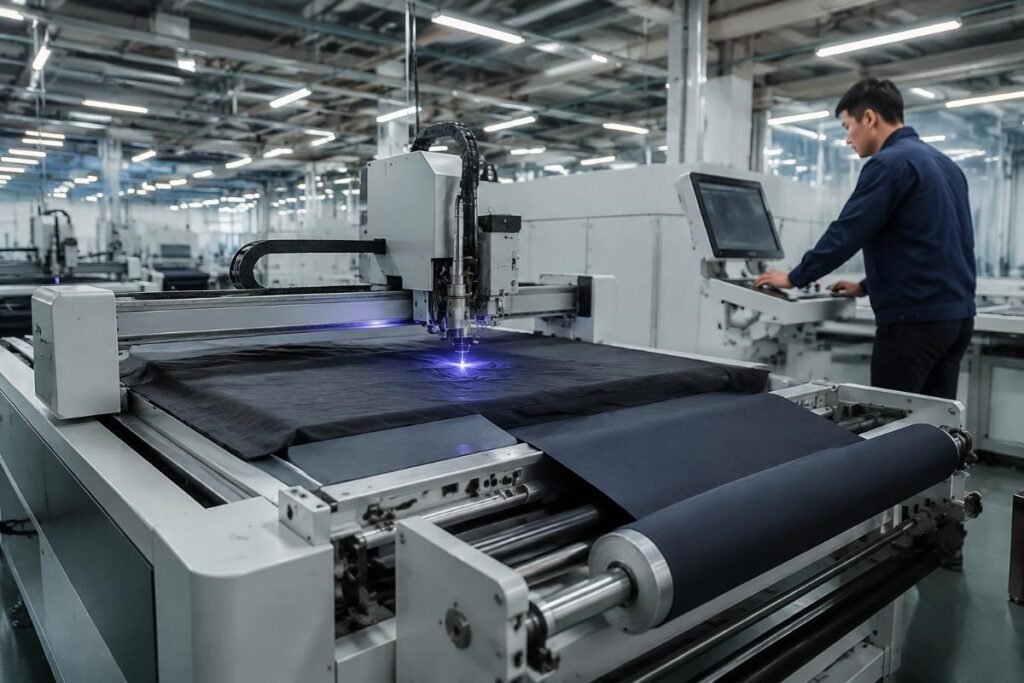 Garment factory staff operating a compact CNC cutting production line with auto-feeding function