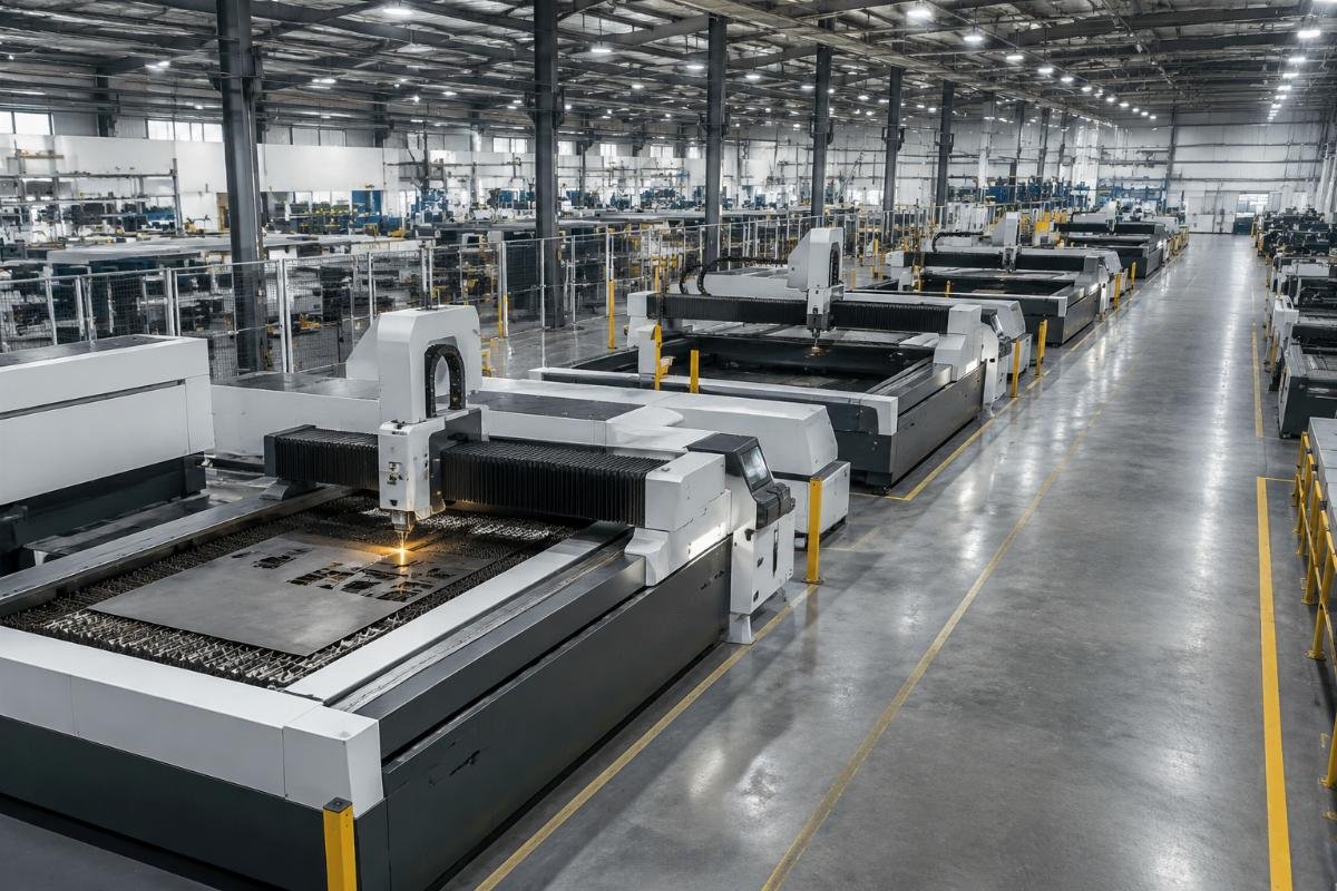 Optimized layout of CNC cutting production line with clear access and buffer space for garment factories