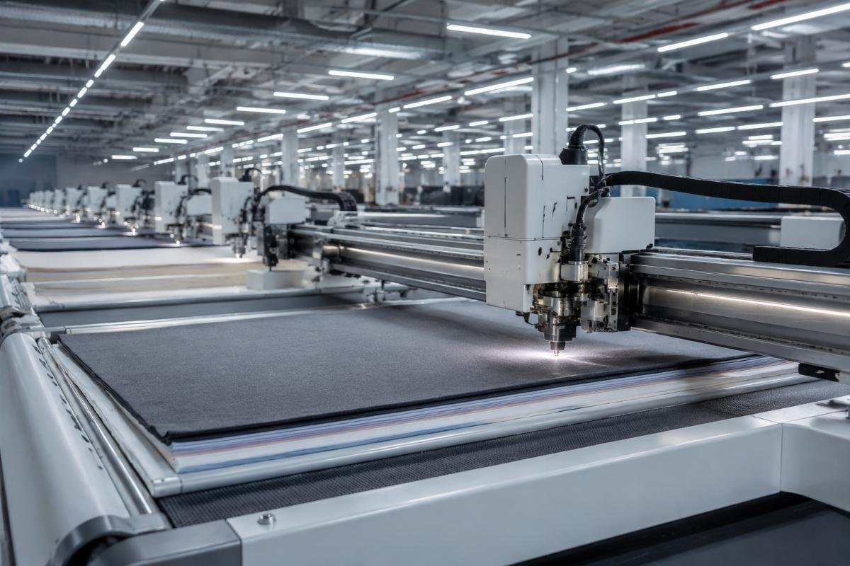 Garment factory multi-machine CNC cutting deployment for high-volume fabric processing Garment factory multi-machine CNC cutting line processing layered fabric
