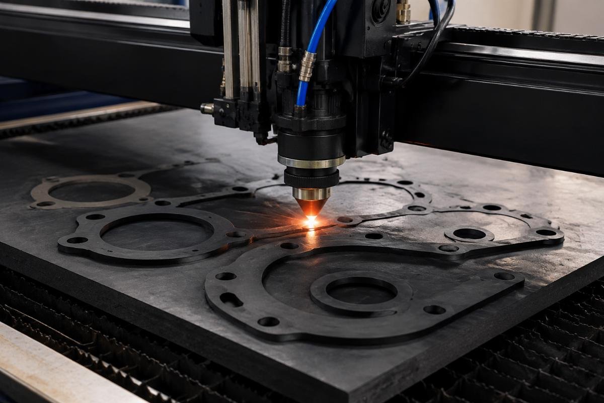 CNC cutting machine processing 50mm thick rubber gasket material with clean, precision edges