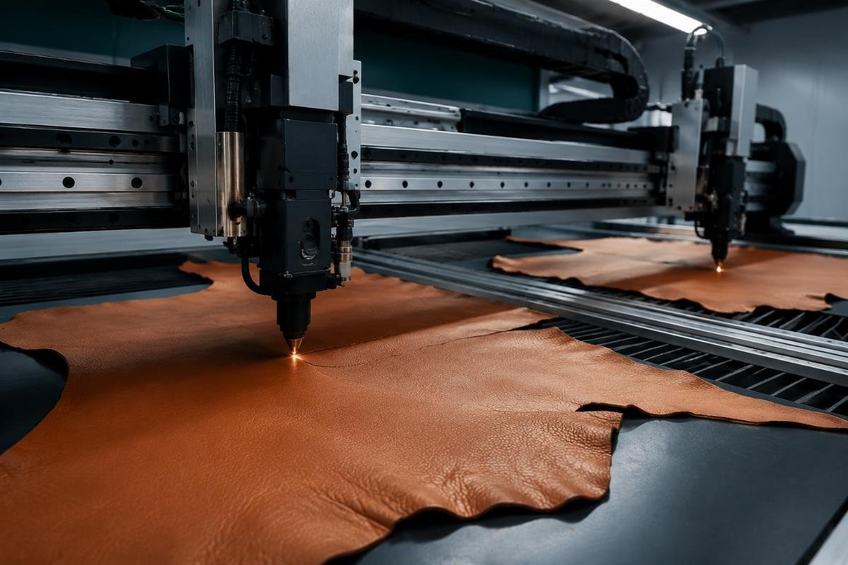 A pair of high-precision CNC cutting machines processing genuine leather hides with zero edge damage