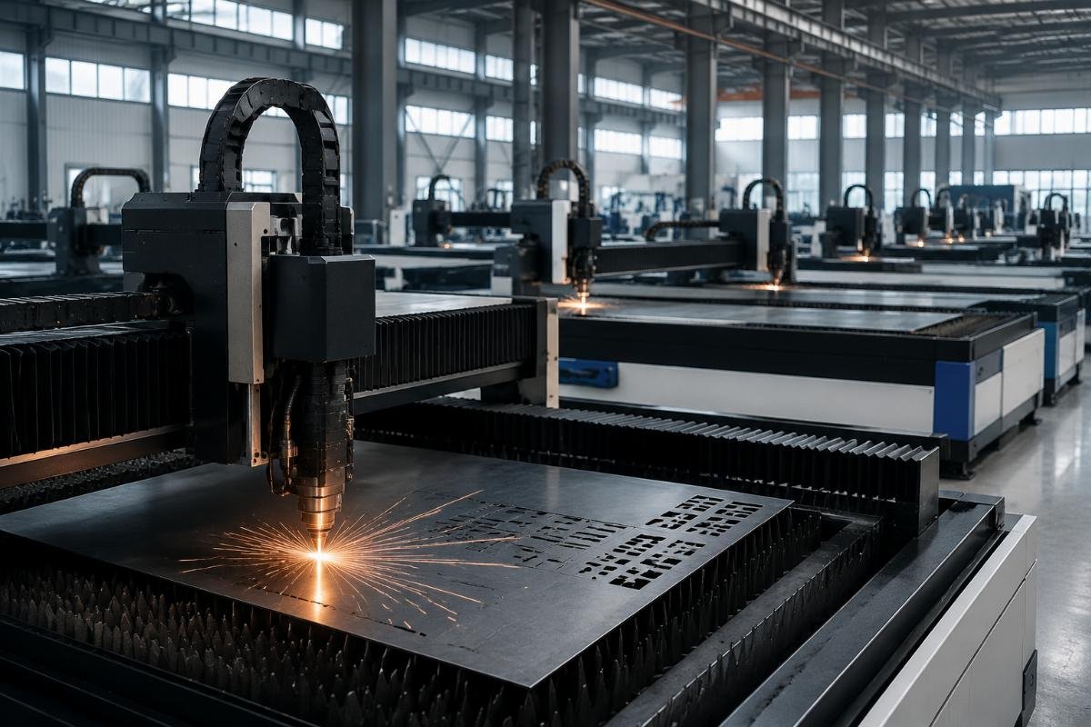 High-volume multi-machine CNC cutting workshop operational setup Multi-machine CNC cutting workshop layout with organized production lines