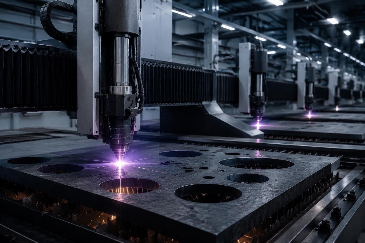 Industrial component processing multi-machine CNC cutting setup for 24/7 production Heavy-duty CNC cutting units processing thick composite materials
