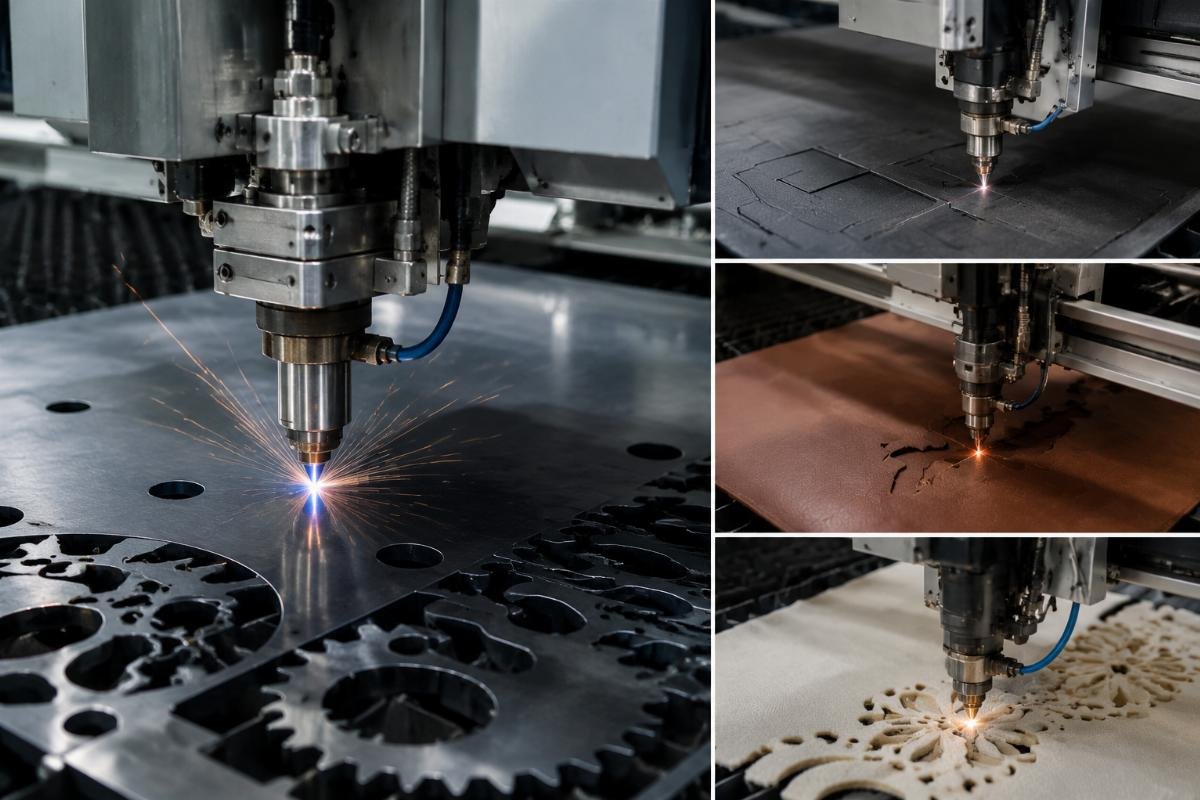 A CNC cutting machine processing different flexible materials in an industrial factory