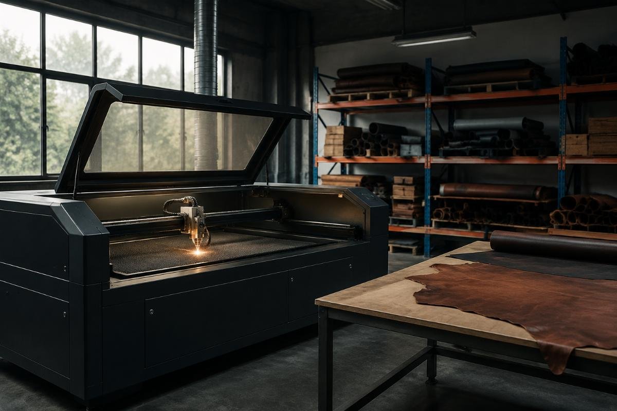 Low budget leather cutting workshop setup A lean startup workshop with a single CNC machine and raw material storage