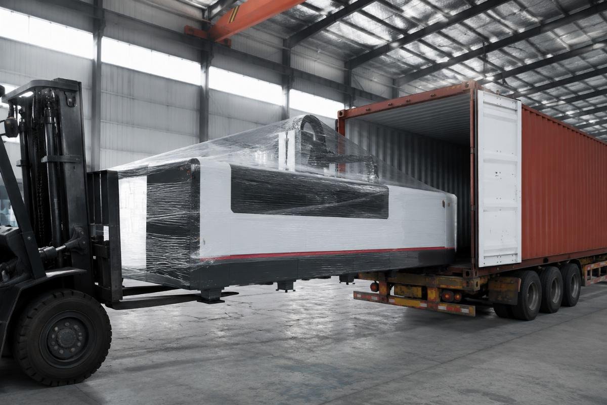 low MOQ composite cutting equipment delivery timeline A custom branded composite cutting machine being loaded for shipping at a Chinese factory warehouse