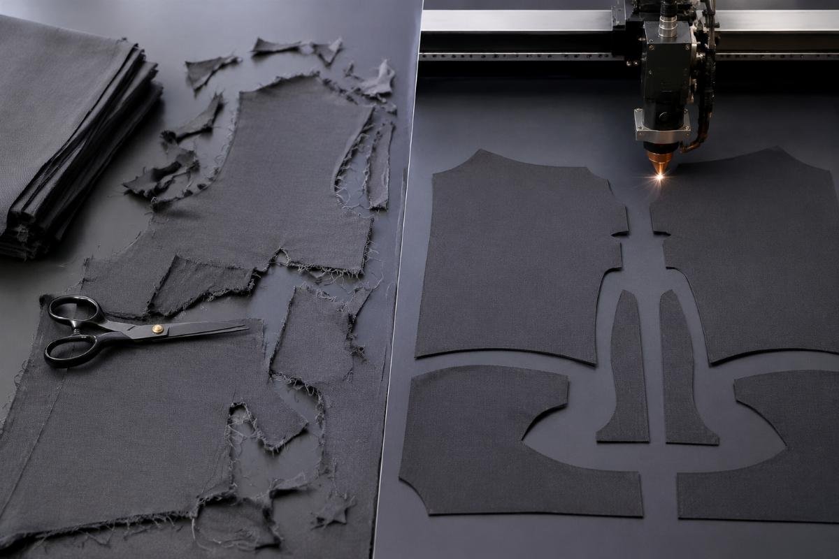 A side-by-side comparison of manual cutting output and CNC cutting output showing reduced waste and cleaner edges