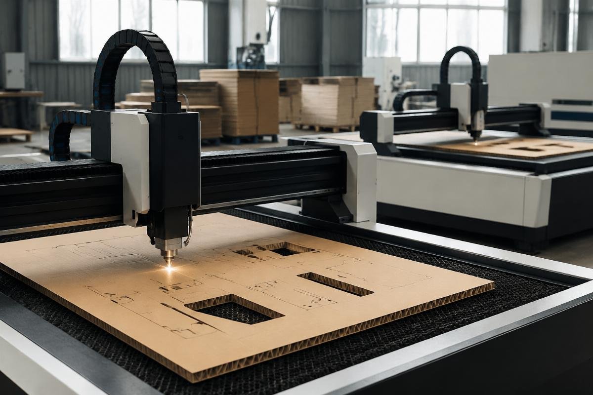 A packaging workshop with two CNC cutters processing corrugated board samples