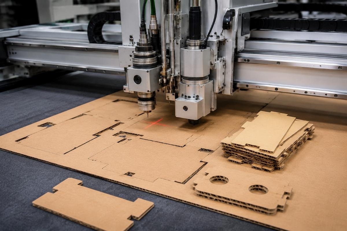 A multi-tool packaging CNC cutting machine processing corrugated board samples without mold setup
