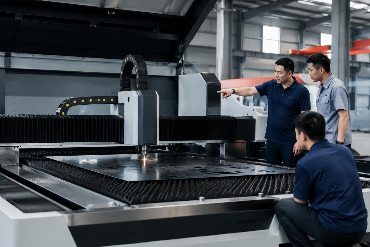 Technician performing on-site installation of a CNC cutting machine at a buyer's production facility