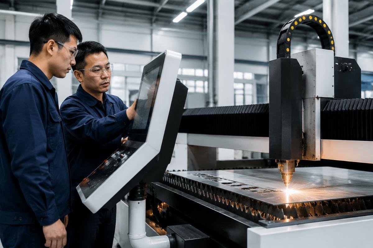 A technician providing on-site operator training for a CNC cutting machine at a production facility