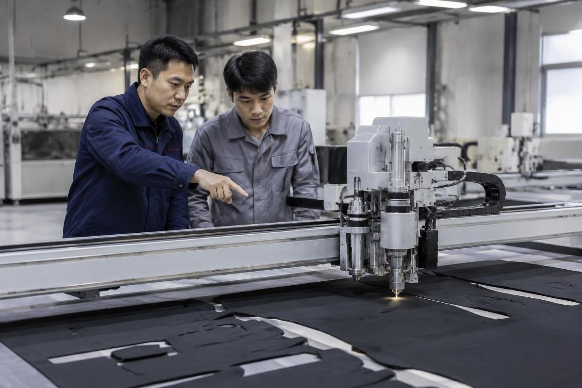 Technician conducting on-site installation and training for a garment factory CNC cutting machine