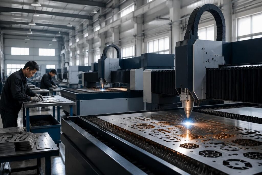 A production floor showing a phased CNC upgrade with both manual workstations and automated cutting machines operating in sync