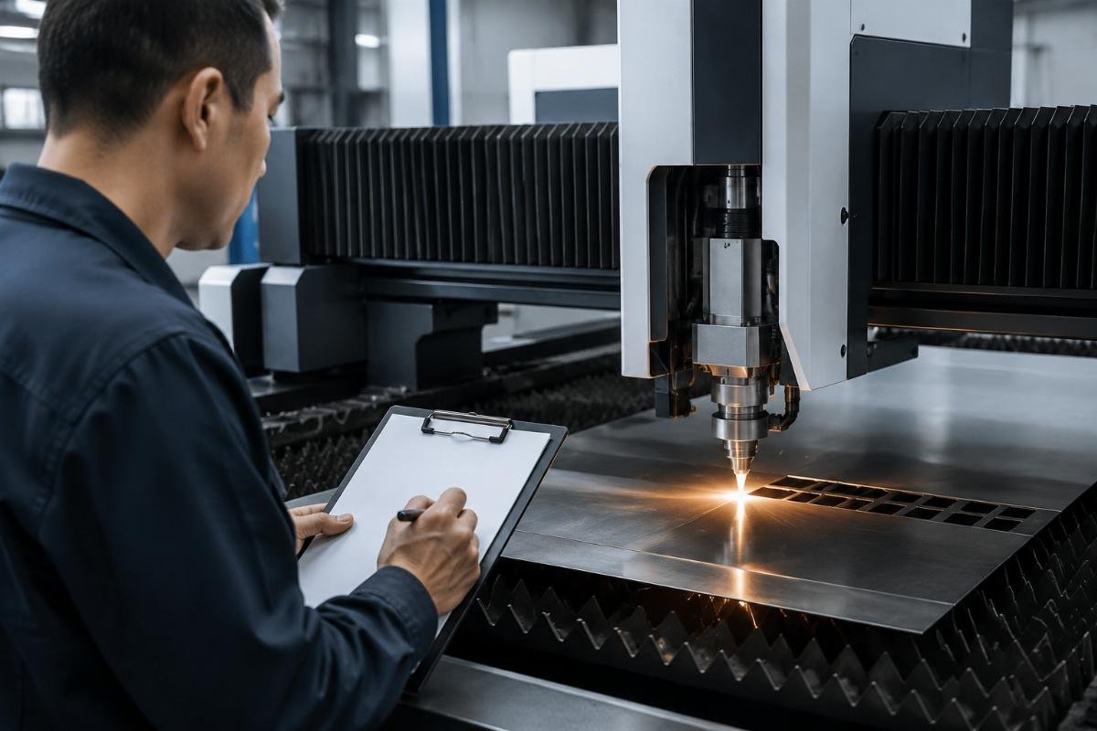 Utility spec checklist being filled out by a factory buyer next to a CNC cutting machine