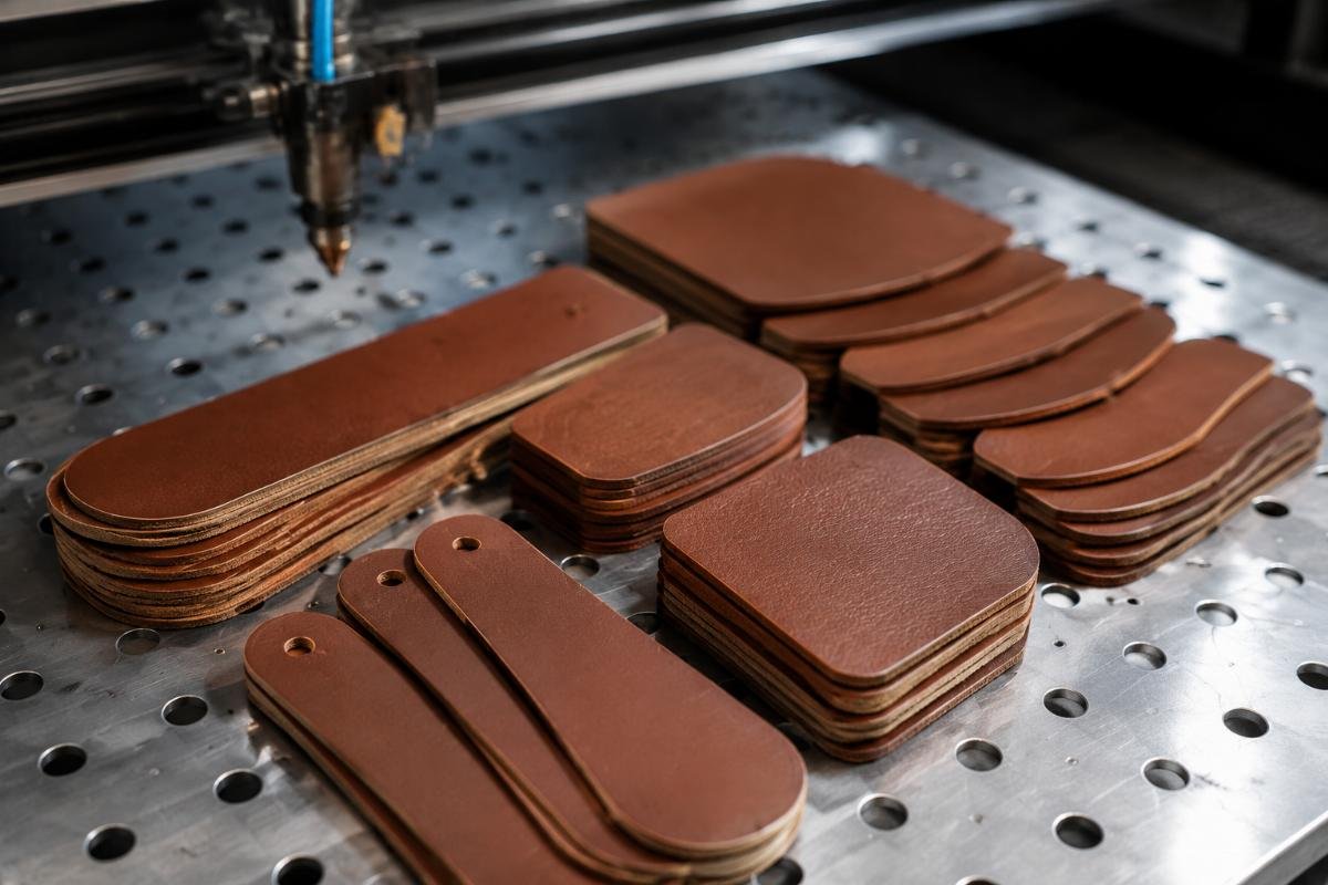 Precision cut genuine leather pieces post CNC processing A finished stack of precision cut leather pieces ready for assembly