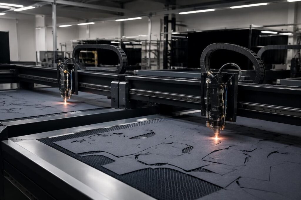 Two CNC cutters running parallel in a garment production facility
