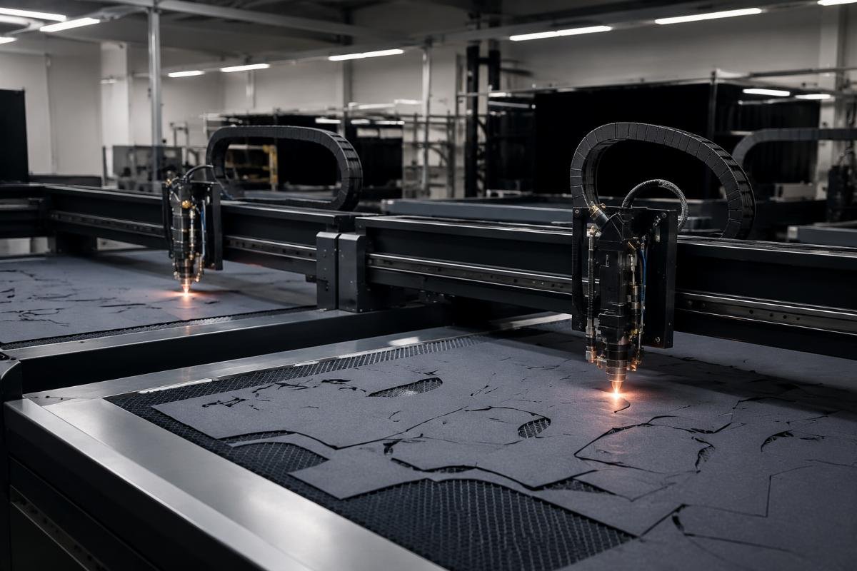 Two CNC cutters running parallel in a garment production facility