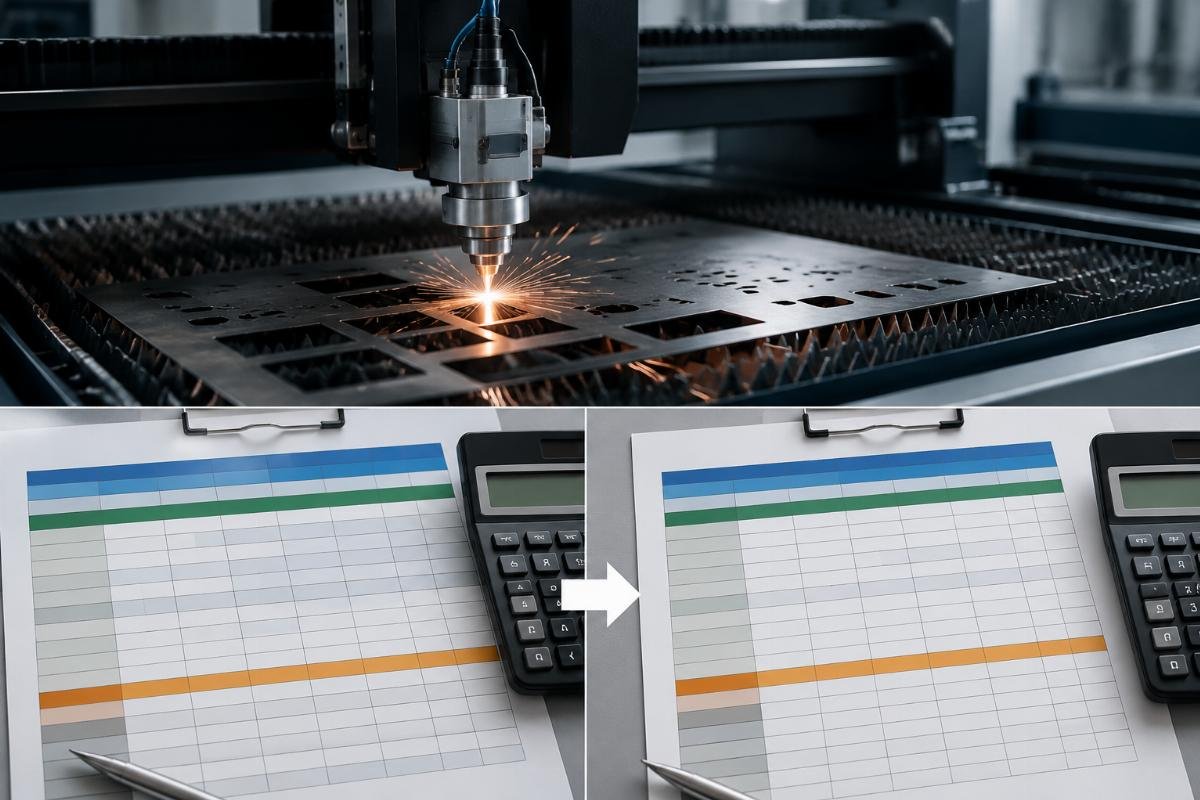 A side-by-side comparison spreadsheet showing pre-upgrade and post-upgrade monthly cost lines for a CNC cutting machine purchase