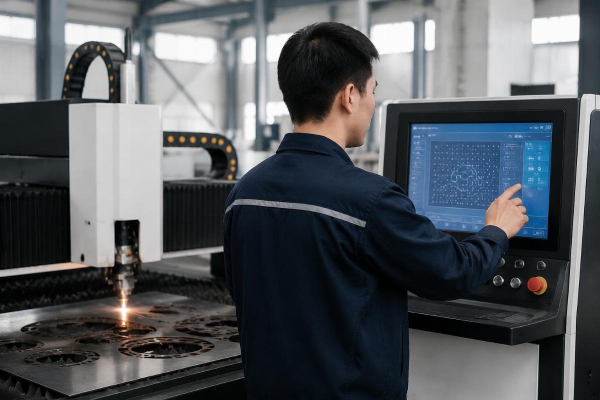 A workshop staff member following a simple on-screen interface to operate a CNC cutting machine