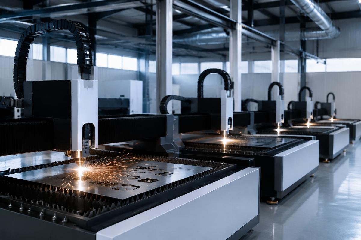 A production floor with 4 staged CNC cutters running in sequence for different material types