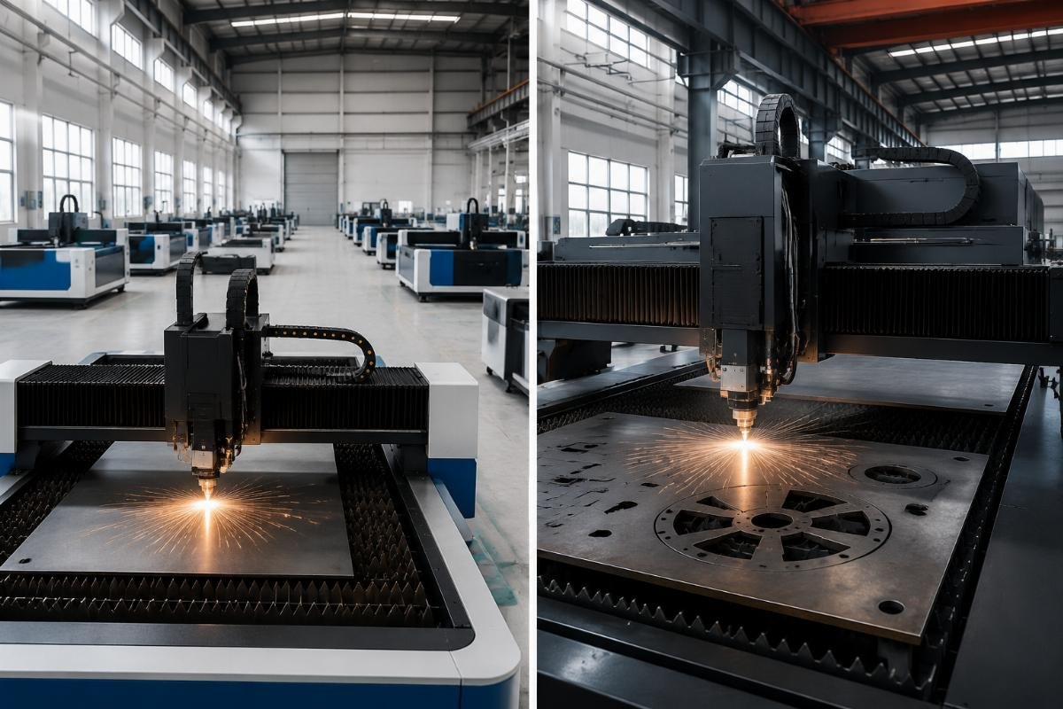 Side-by-side comparison of standard and custom CNC cutting machine models in a factory warehouse
